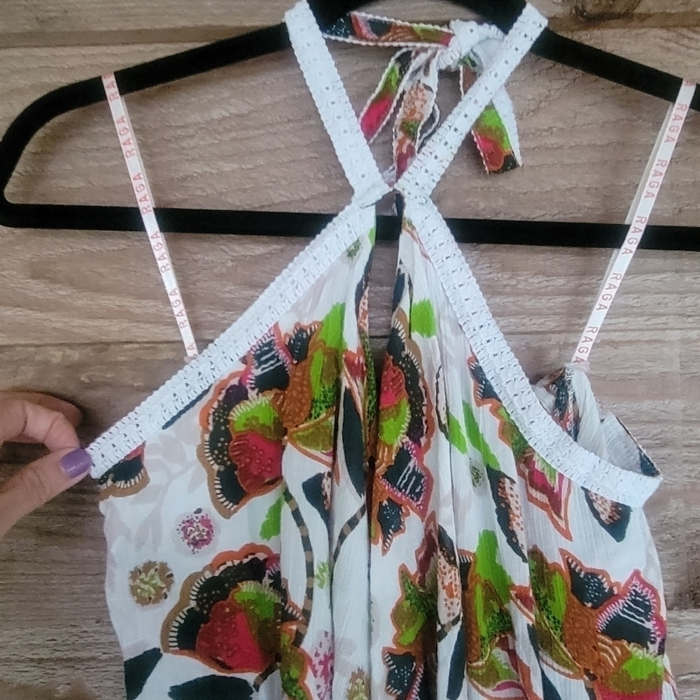 RAGA Floral Halter Dress with White Fringe Trim Size XSmall - Picture 3 of 7